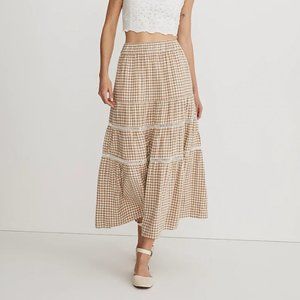 NWT MADEWELL Linen Blend Eyelet Trim Tiered Maxi Skirt Seed Khaki Large